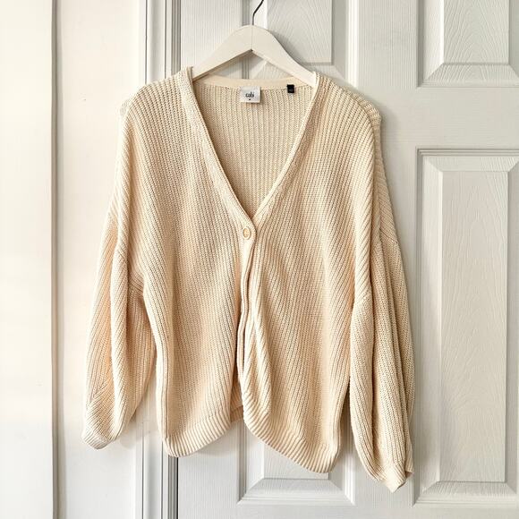 Cabi Beige Bishop Puff Volume Sleeve Open Knit V Button Cardigan Medium 5447 - Picture 3 of 10